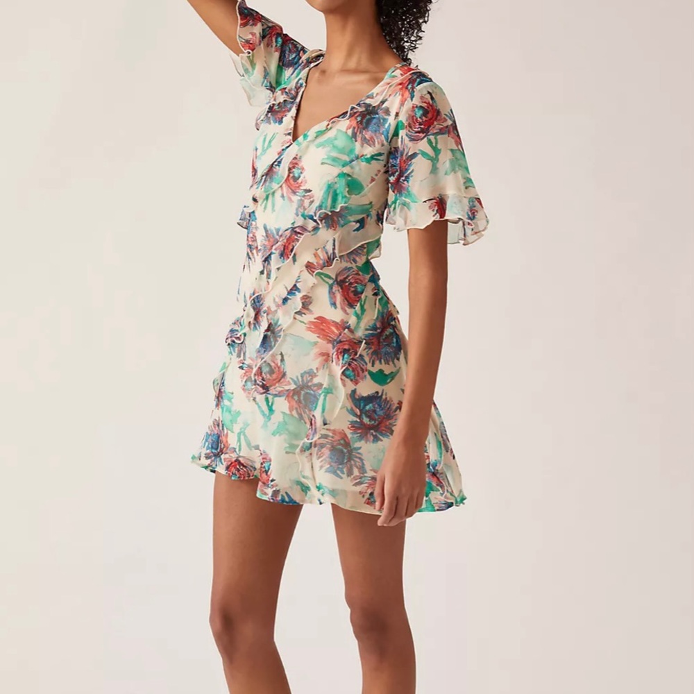 Anthropologie Floral Ruffle Mini Dress in Ivory, Teal & Coral